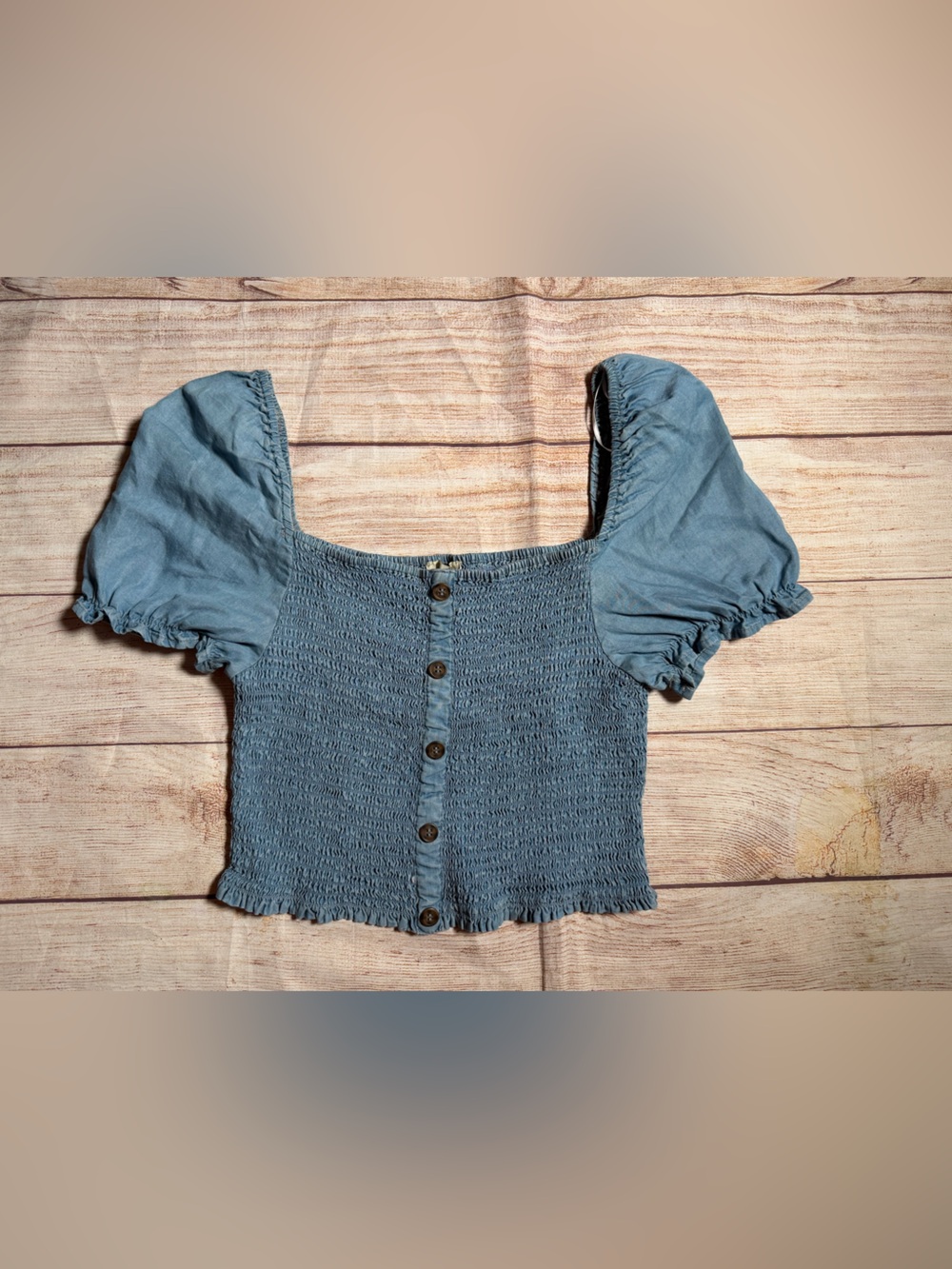 Costal Cowgirl Festival Denim Blue Smocked Puff Sleeve Crop Top with Buttons